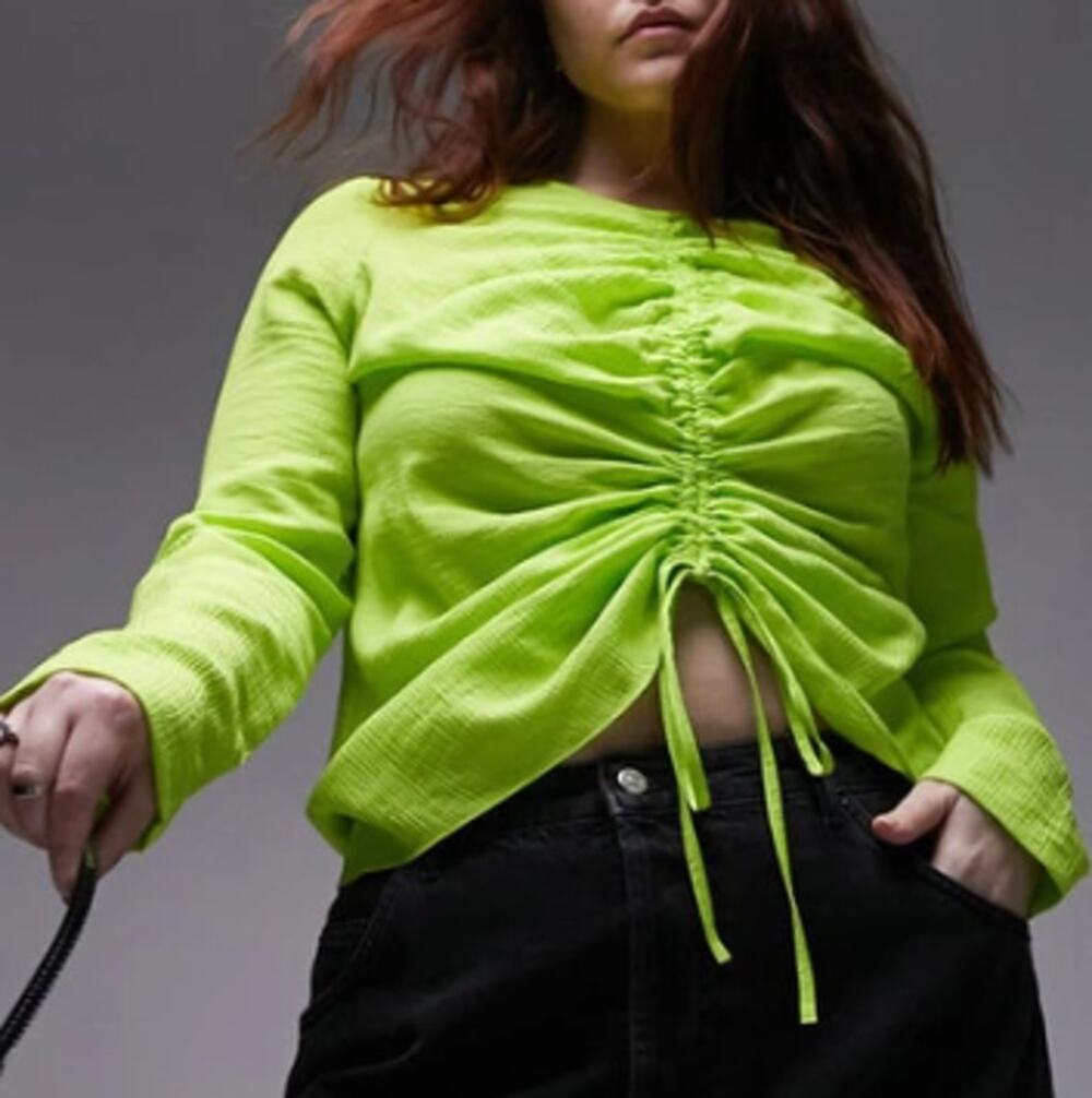 New ~ TOPSHOP ~ Lime Green Long Sleeve Ruched Front Top Size 6 VISCOSE